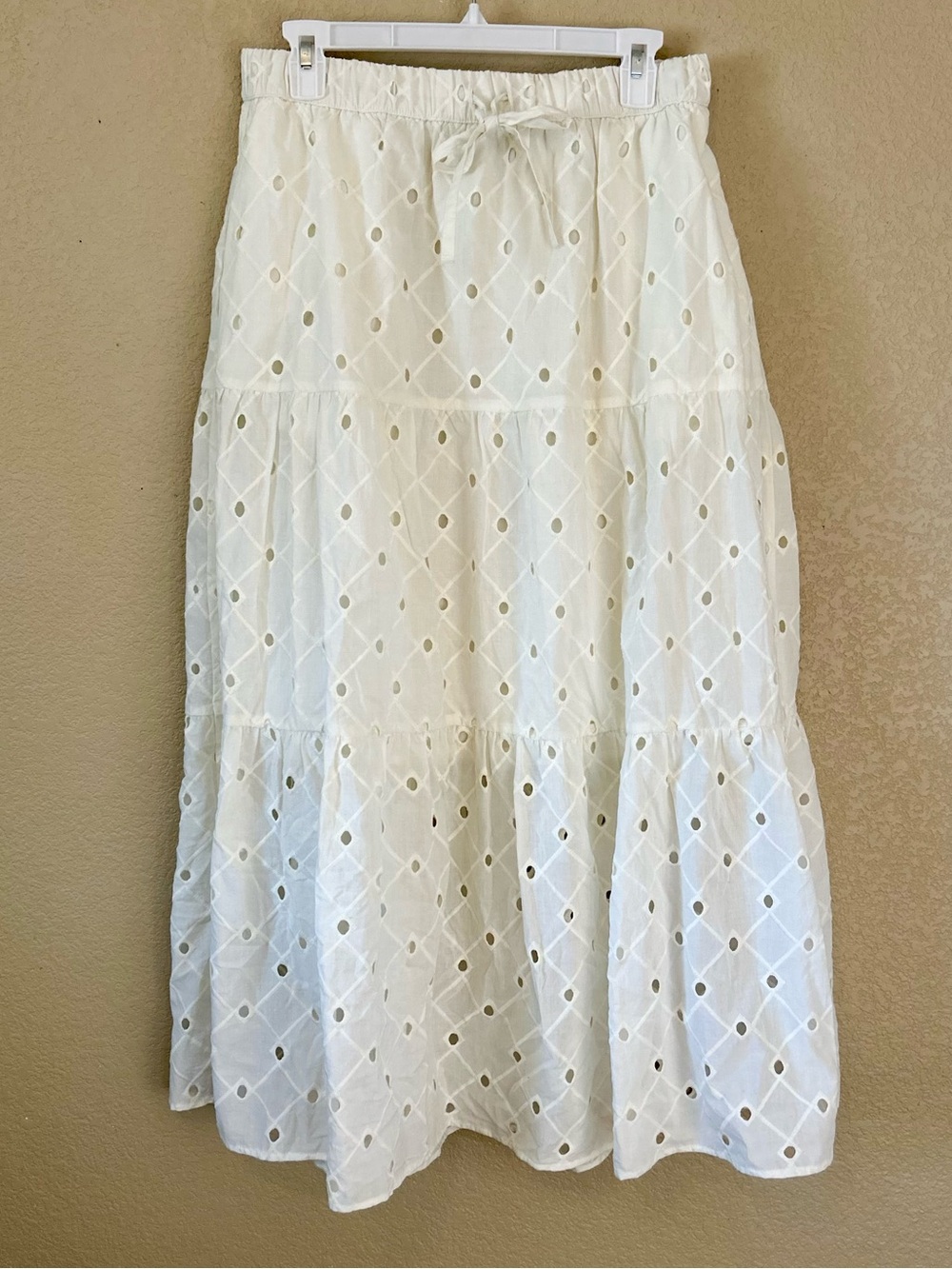 White Eyelet Tiered Maxi Skirt Lined Size M Coastal